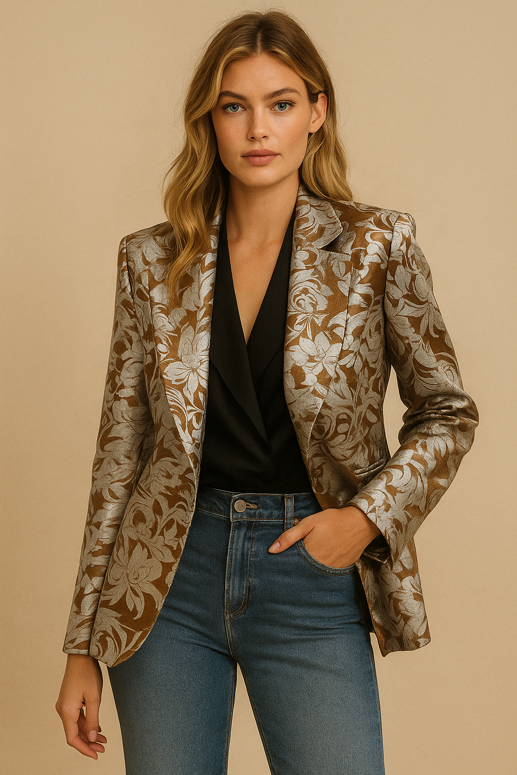 Dames Retro Elegante Jacquard Blazer met Bloemenpatroon | Belaine
