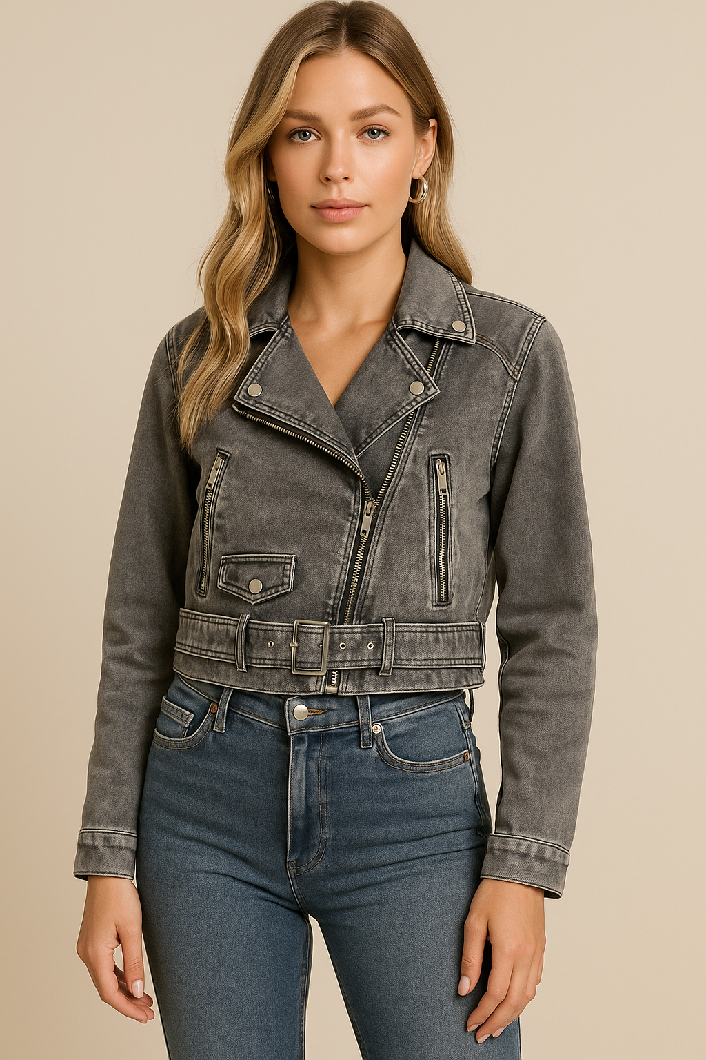 Dames Korte Stoere Afgewassen Bikerjas met Ritsen | Belissa