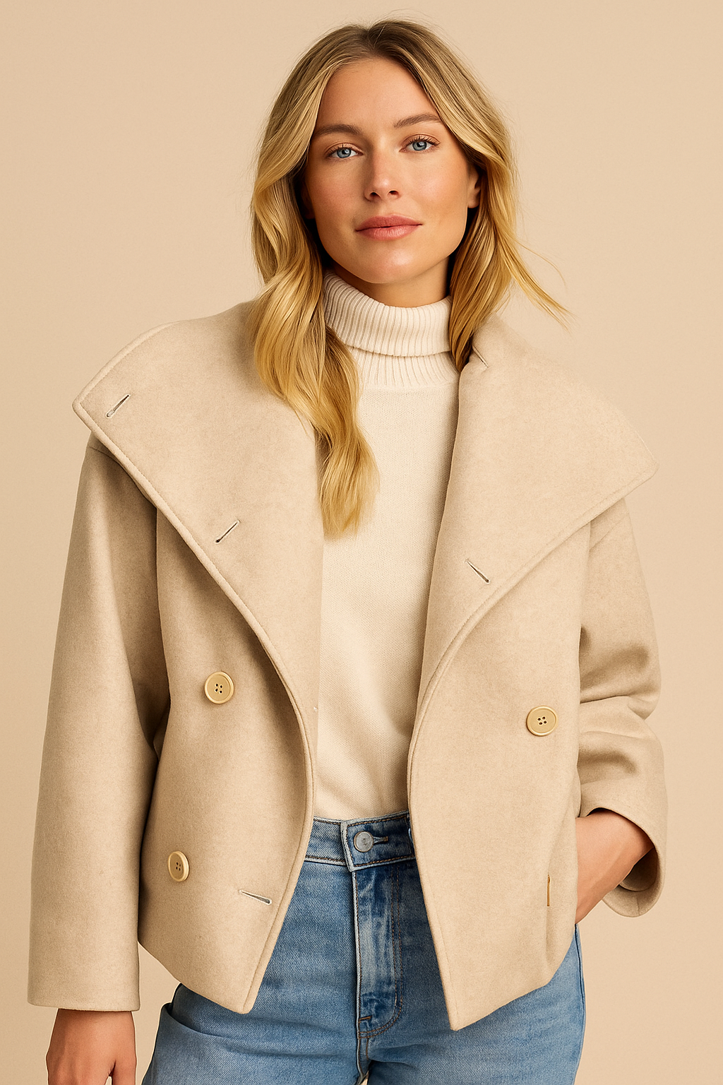 Dames Warme Stijlvolle Wollen Look Jas met Brede Kraag | Belora