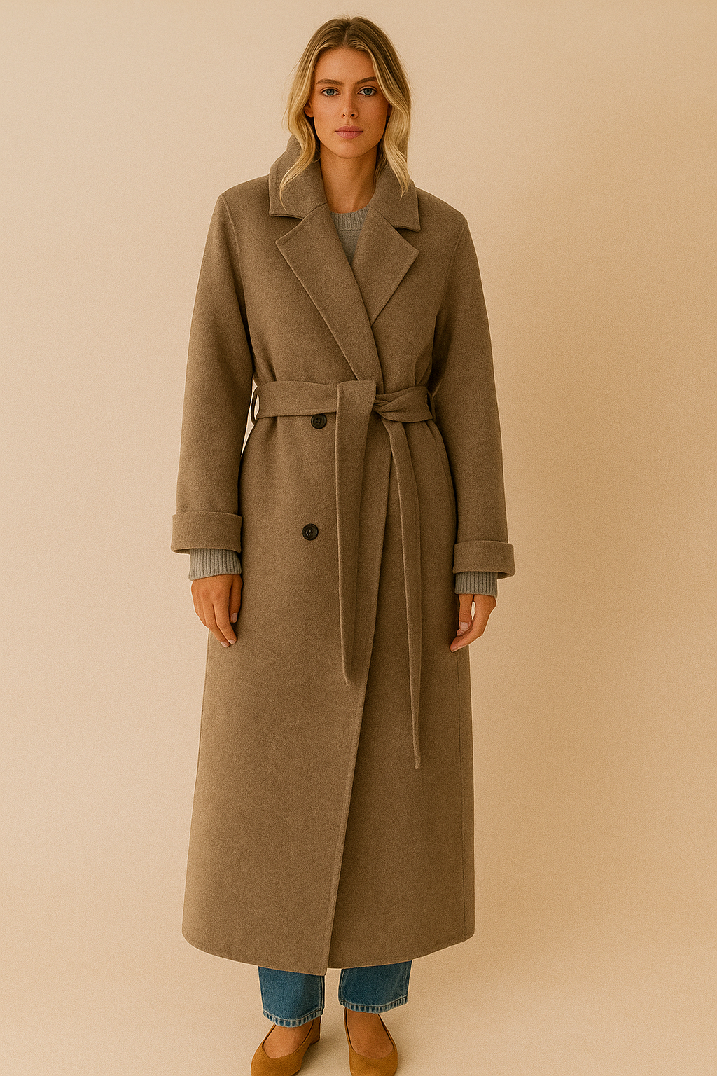 Dames Trendy Lange Wollen Look Mantel met Ceintuur | Benata