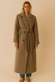 Dames Trendy Lange Wollen Look Mantel met Ceintuur | Benata