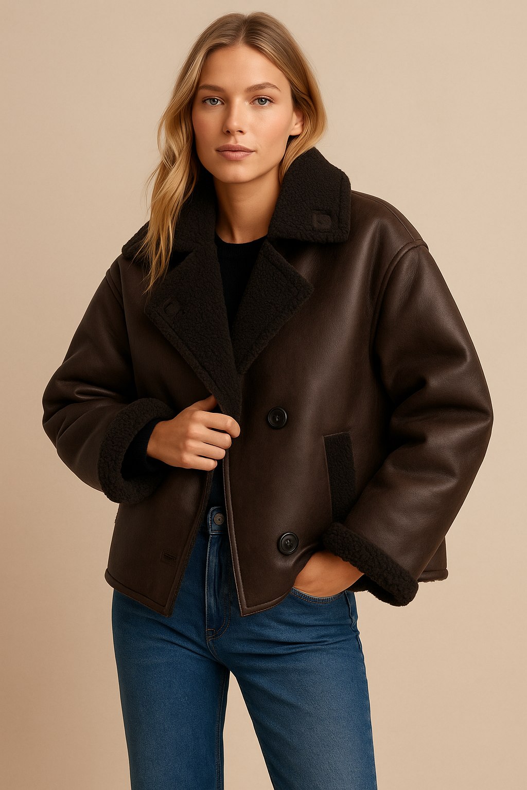 Dames Stoere Oversized Faux Leren Piloten Jas met Teddy Voering en Zakken | Beneva