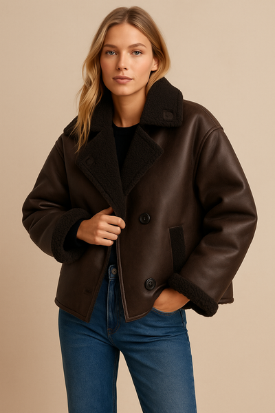 Dames Stoere Oversized Faux Leren Piloten Jas met Teddy Voering en Zakken | Beneva