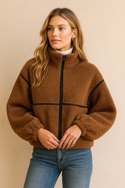 Dames Moderne Modieuze Teddy Fleece Jas met Opstaande Kraag en Rits | Benicia