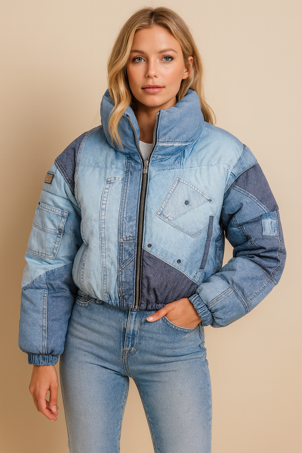Dames Hippe Warme Puffer Jas met Denim Print | Bylola