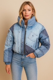 Dames Hippe Warme Puffer Jas met Denim Print | Bylola