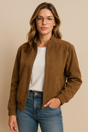 Dames Vintage Look Faux Suede Bomber Jas met Opstaande kraag en Rits | Besita