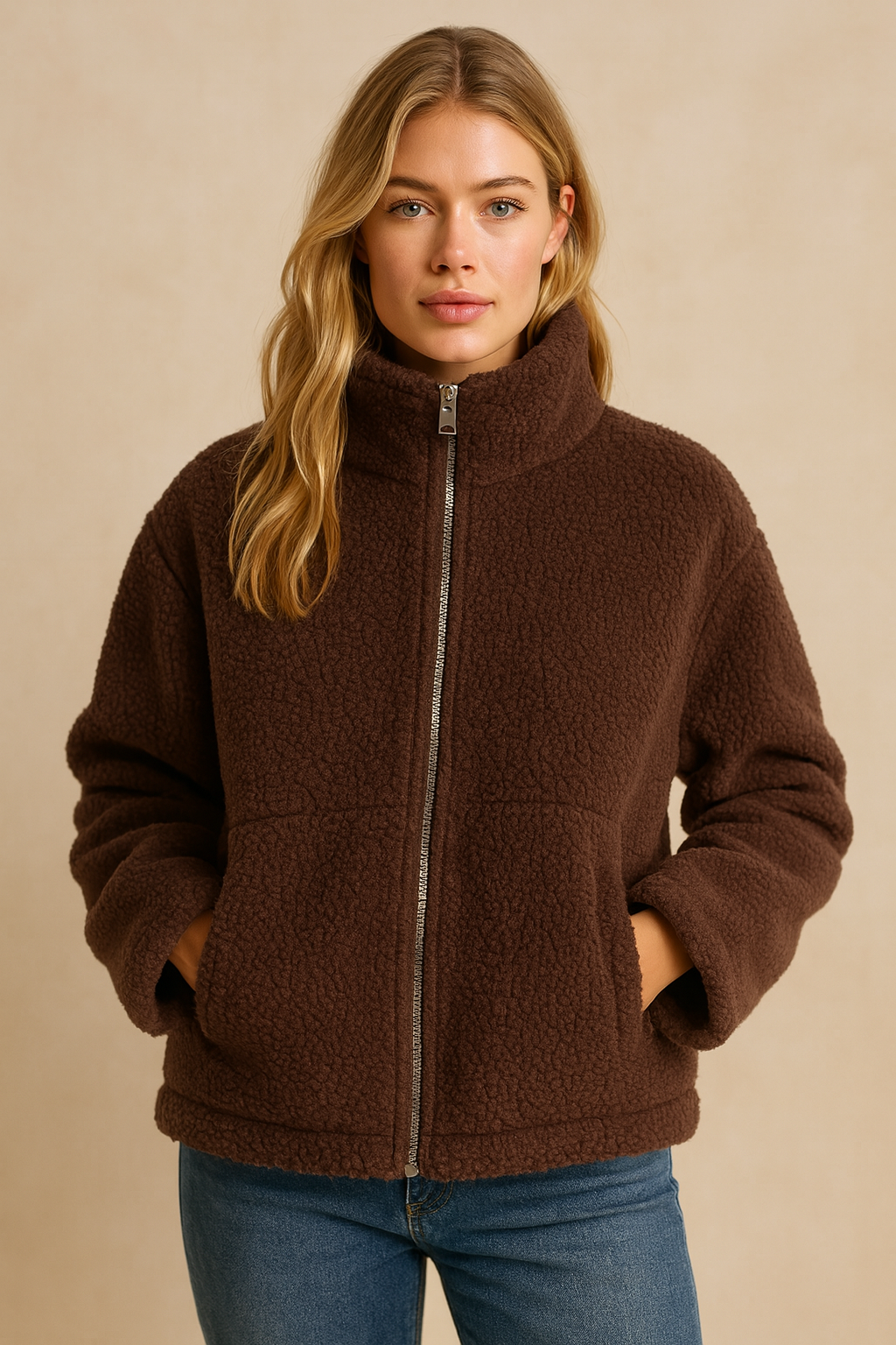 Dames Stijlvolle Trendy Warme Zip-Up Fleece Jas met Hoge Kraag en Zakken | Beya