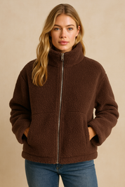 Dames Stijlvolle Trendy Warme Zip-Up Fleece Jas met Hoge Kraag en Zakken | Beya