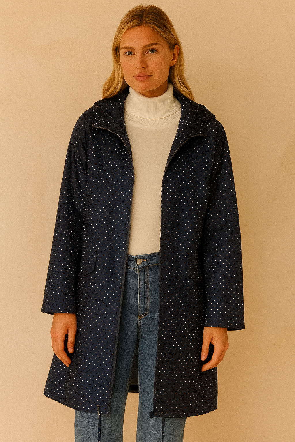 Dames Stijlvolle Waterafstotende Regenjas met Trekkoord en Mini Polkadot Print | Bezenia