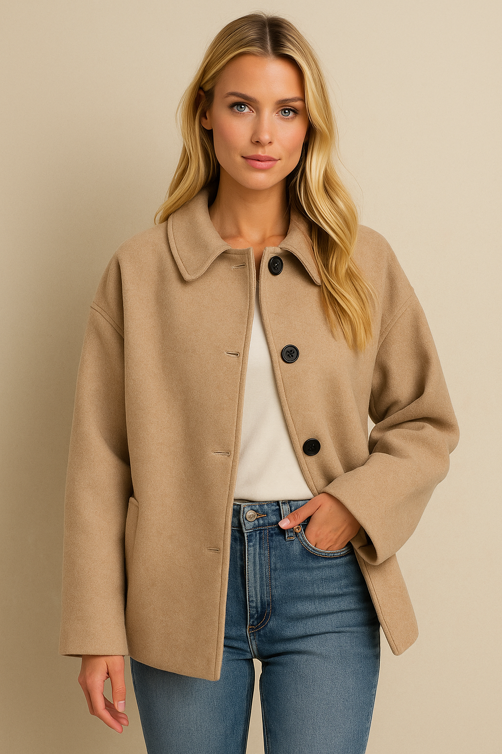 Dames Wijdvallende Trendy Wol Look Jas met Kraag en Knopen | Biara