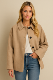 Dames Wijdvallende Trendy Wol Look Jas met Kraag en Knopen | Biara