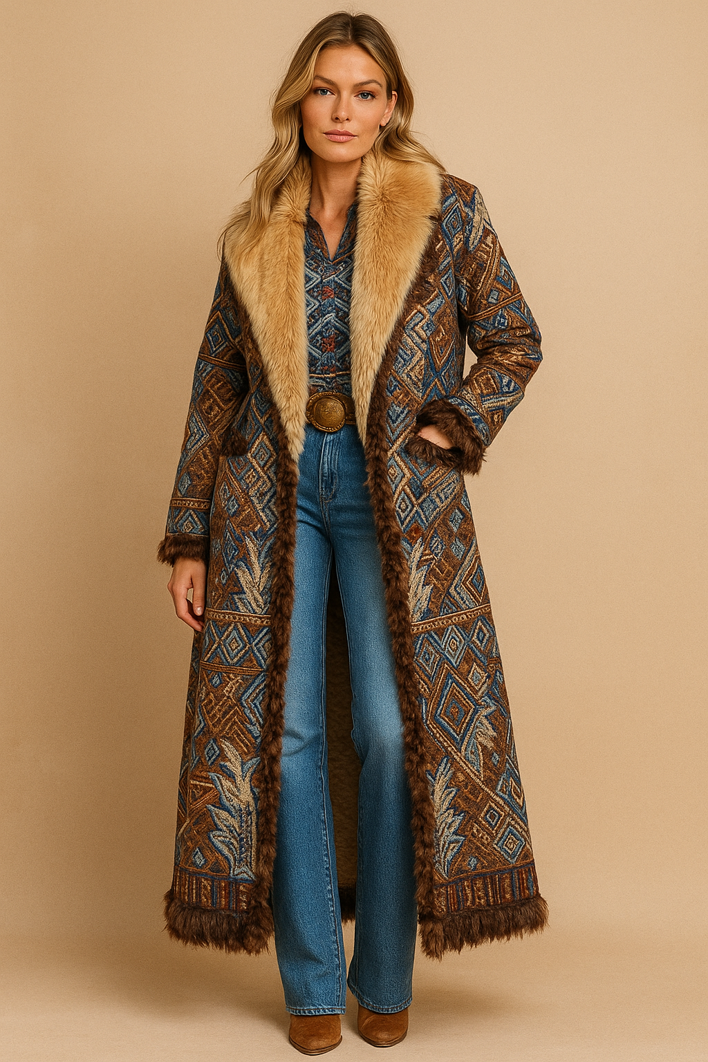 Dames Unieke Warme Lange Jas met Aztec Patroon en Faux Fur Kraag | BIbi