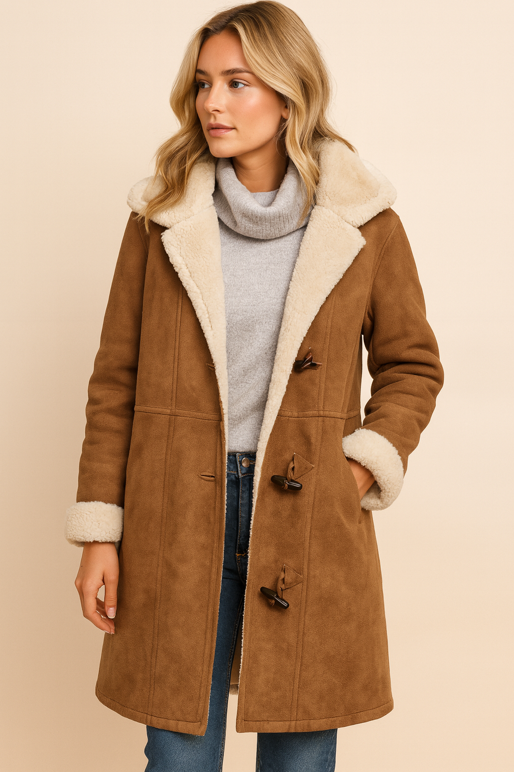 Dames Warme Luxe Jas met Sherpa Voering en Modieuze Toggle Sluiting | Birouze