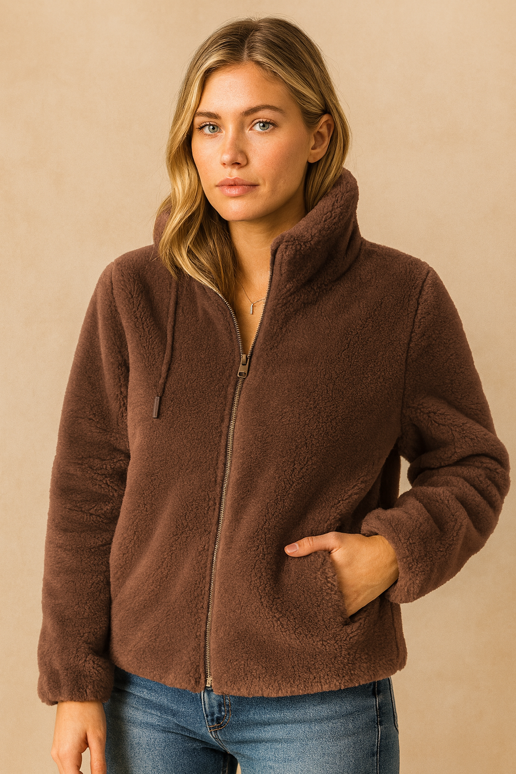 Dames Trendy Stijlvolle Teddy Fleece Jas met Rits en Opstaande Kraag | Blakey