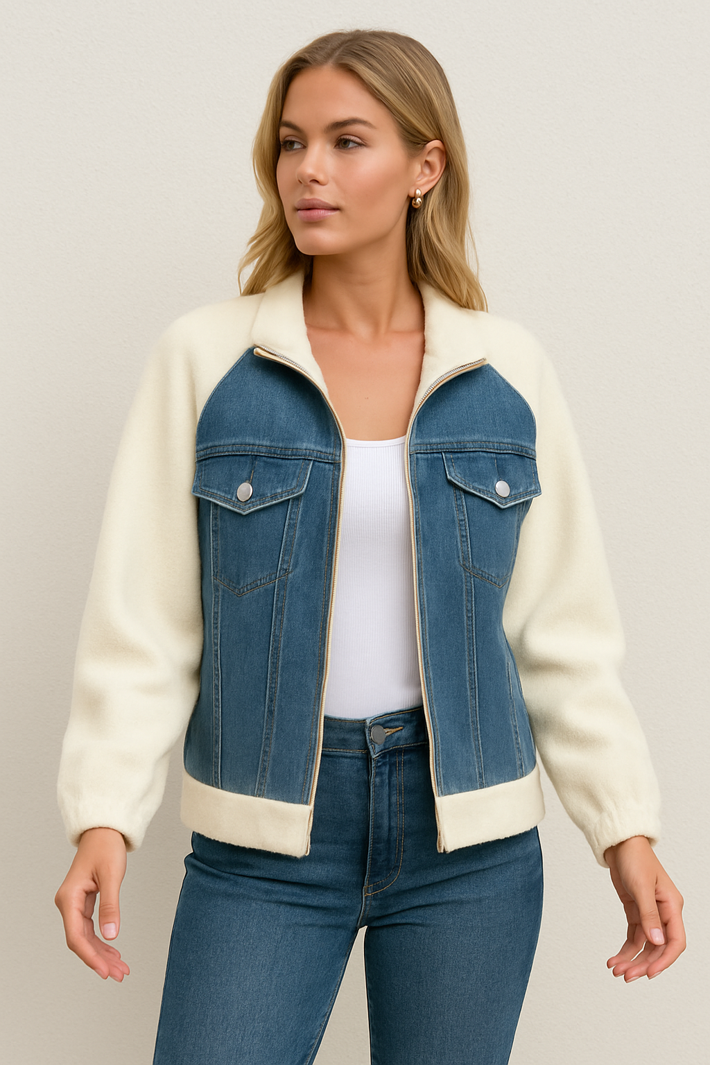 Dames Trendy Denim Tussenjas met Fleece Mouwen | Blanche