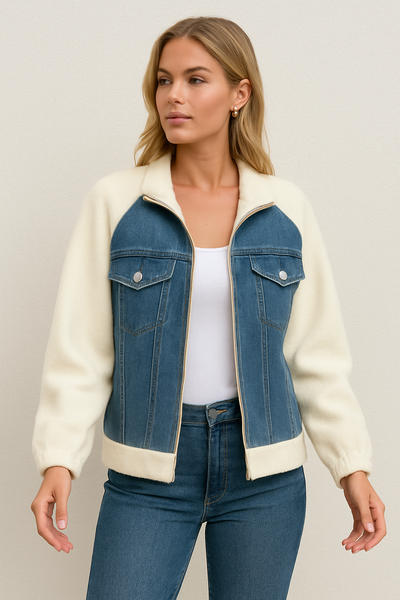 Dames Trendy Denim Tussenjas met Fleece Mouwen | Blanche