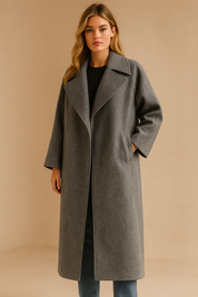 Dames Modieuze Elegante Lange Grijze Wollen Look Jas | Bluma