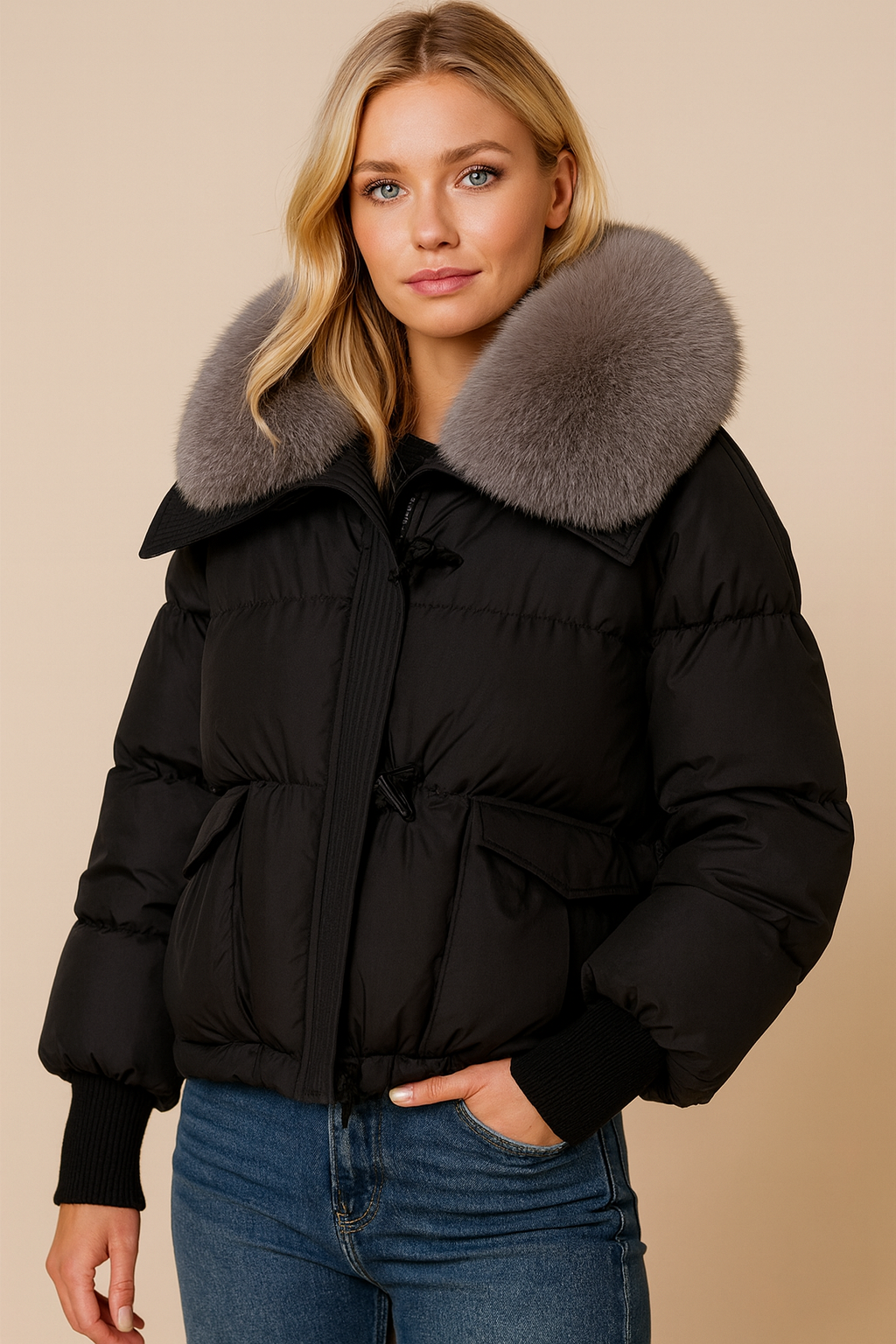 Dames Modieuze Koreaanse Style Puffer Winterjas met Grote Imitatiebontkraag | Bodina