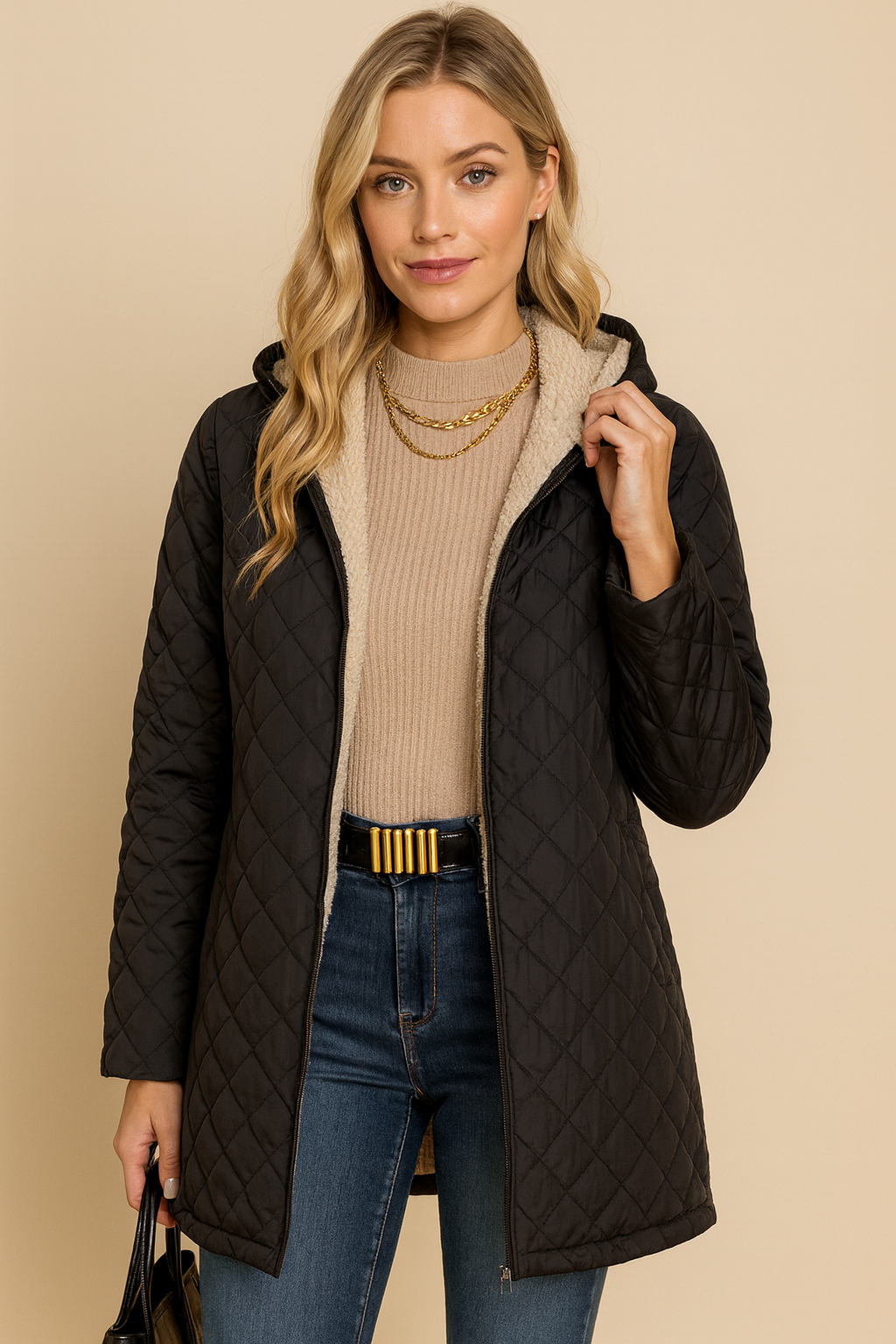 Dames Elegante Gewatteerde Half-Lange Jas met Capuchon en Teddy Voering | Boudine