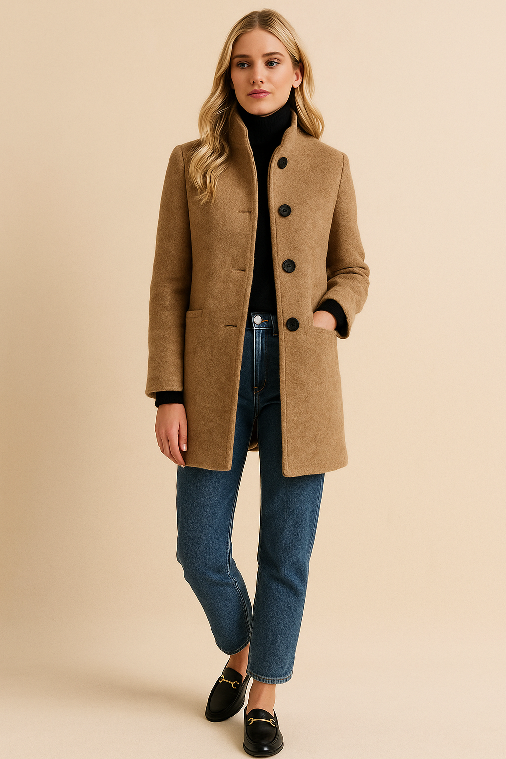 Dames Elegante Wollen Jas met Opstaande Kraag en Knopen | Bowdie