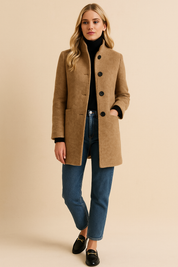 Dames Elegante Wollen Jas met Opstaande Kraag en Knopen | Bowdie