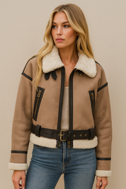 Dames Trendy Vintage Look Pilot Jas met Teddy Voering | Brintha