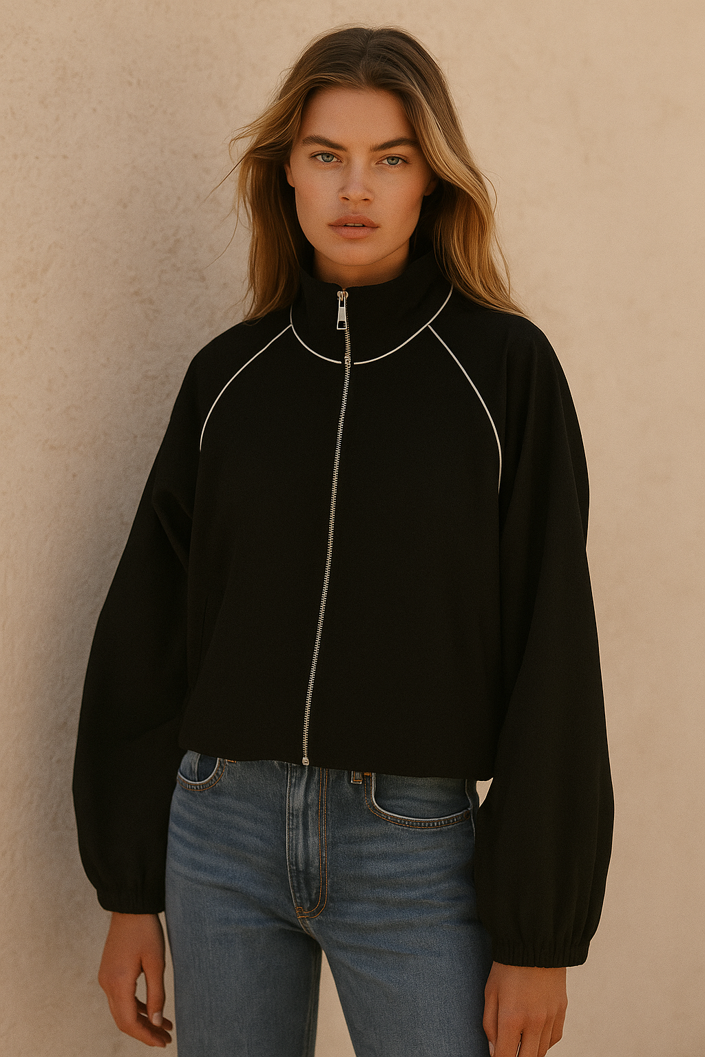 Dames Sportieve Koreaanse Style Zwarte Nylon Jas met Rits en Contrast Details | Brynna