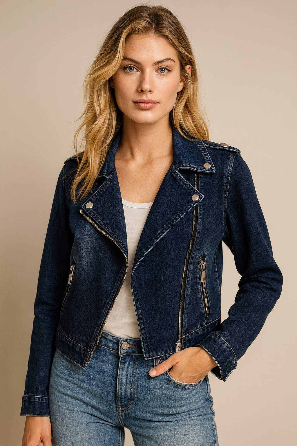 Dames Stijlvolle Slim Fit Denim Jas met Biker Details | Byla
