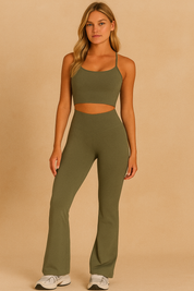 Dames Tweedelige Sneldrogend Naadloze Sportieve Yoga Set met Flare Pant en Top | Damoria