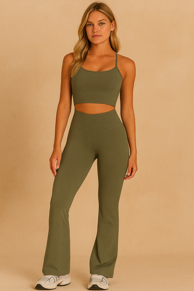 Dames Tweedelige Sneldrogend Naadloze Sportieve Yoga Set met Flare Pant en Top | Damoria