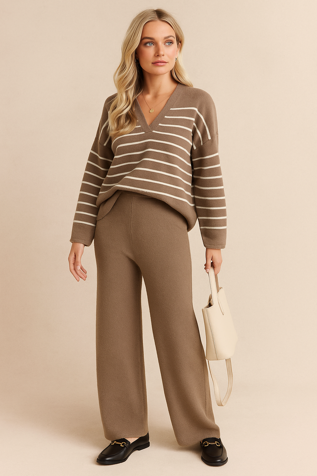 Dames Elegante Alledaagse Gebreide Tweedelige Set met Broek en Top met Strepen | Daniella