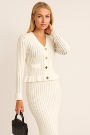 Dames Franse Style Gebreide Tweedelige Set met Lange Rok en Vest met Knopen | Davina