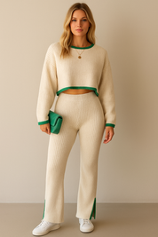 Dames Sportieve Gebreide Tweedelige Set met Broek en Top met Streep Details | Denice