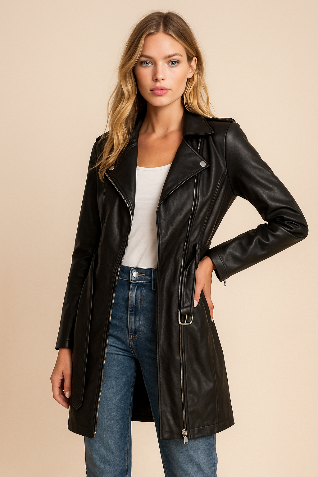 Dames Trendy Elegante Lange Zwart Biker Jas met Ceintuur | Densly