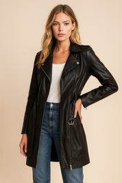 Dames Trendy Elegante Lange Zwart Biker Jas met Ceintuur | Densly