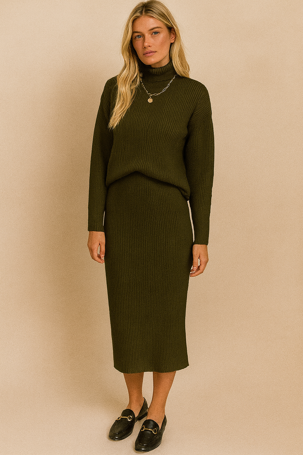 Dames Trendy Stijlvolle Gebreide Set met Rok en Hoge Hals Trui | Dimah