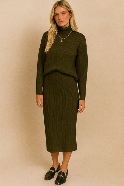 Dames Trendy Stijlvolle Gebreide Set met Rok en Hoge Hals Trui | Dimah