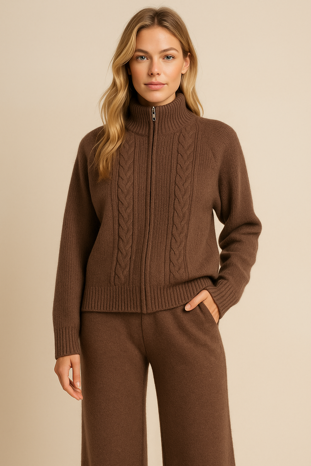 Dames Stijlvolle Tweedelige Gebreide Set met Rits Trui en Broek | Dimisa