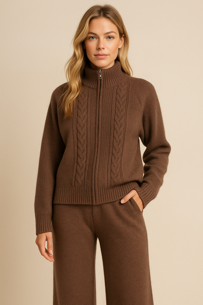 Dames Stijlvolle Tweedelige Gebreide Set met Rits Trui en Broek | Dimisa