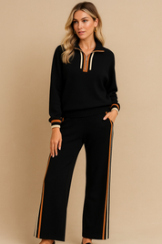 Dames Stijlvolle Sportieve Zwarte Knit Tweedelige Set met Strepen | Dora