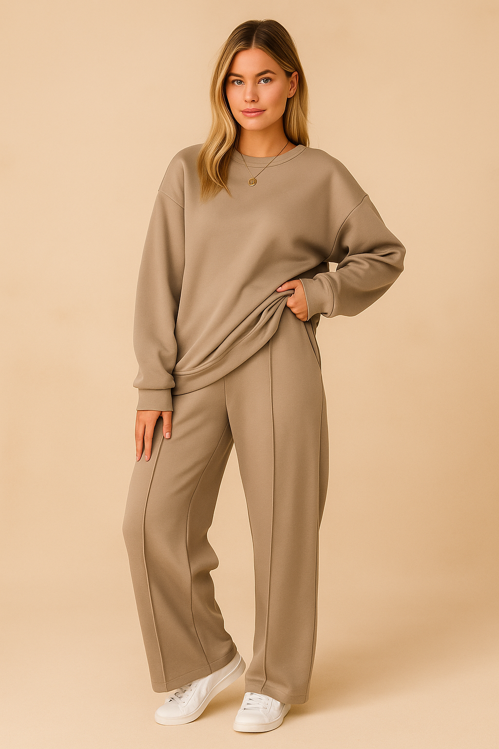 Dames Elegante Koreaanse Style Tweedelige Set met Wijde Broek en Oversized Crewneck | Dorna