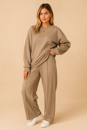 Dames Elegante Koreaanse Style Tweedelige Set met Wijde Broek en Oversized Crewneck | Dorna
