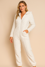 Dames Warme Zachte Fleece Onesie met Capuchon en Kabel Patroon | Faye