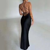 Dames Luxe Satijnen Maxi Jurk | Slim Fit Open Rug Avondjurk met Elegante Pasvorm | Gamari