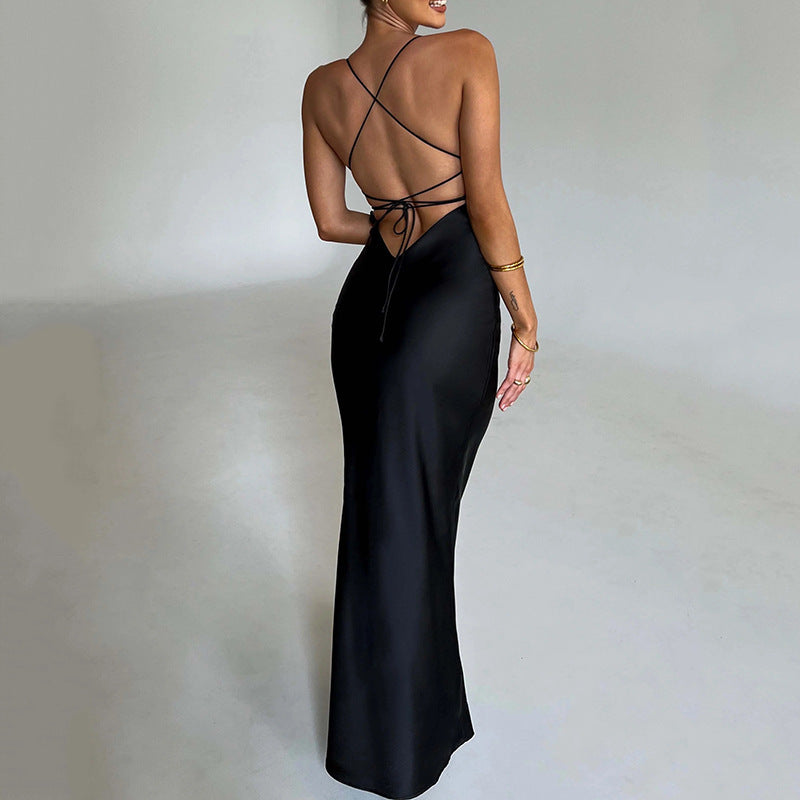 Dames Luxe Satijnen Maxi Jurk | Slim Fit Open Rug Avondjurk met Elegante Pasvorm | Gamari