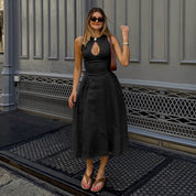 Dames Elegante Linnen Look A-lijn Zomer Jurk met Volume Rok en Subtiel Cut-out Detail | Gambly