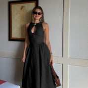 Dames Elegante Linnen Look A-lijn Zomer Jurk met Volume Rok en Subtiel Cut-out Detail | Gambly