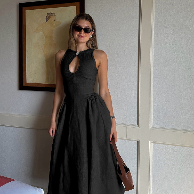 Dames Elegante Linnen Look A-lijn Zomer Jurk met Volume Rok en Subtiel Cut-out Detail | Gambly
