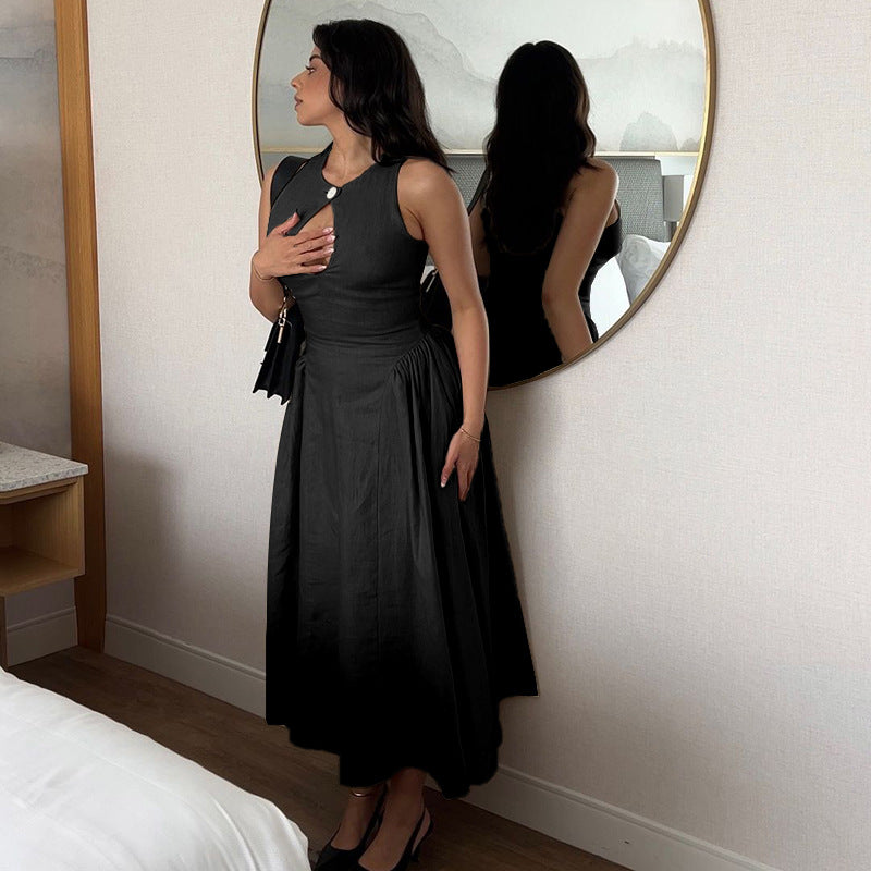 Dames Elegante Linnen Look A-lijn Zomer Jurk met Volume Rok en Subtiel Cut-out Detail | Gambly